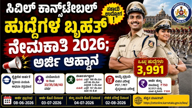 KSP ಸಿವಿಲ್ ಕಾನ್ಸ್ಟೇಬಲ್ 3,991 ಹುದ್ದೆಗಳ ಬೃಹತ್ ನೇಮಕಾತಿ 2026; ಆನ್ಲೈನ್ ಅರ್ಜಿ ಆಹ್ವಾನ | KSP Civil Police Constable Recruitment 2026 Notification, Apply Online For 3991 Posts